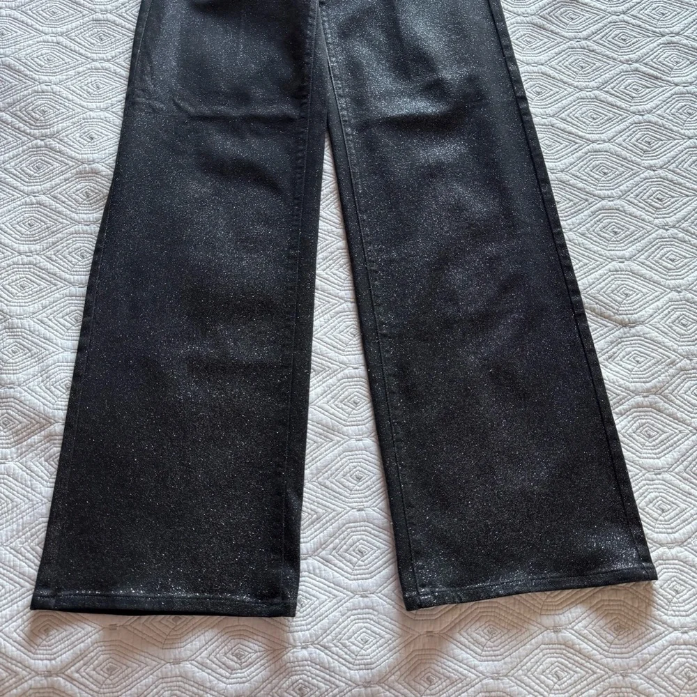 PAIGE Women's Sasha Coated Black Silver Glitter Luxe Wide-Leg Jeans Size 27